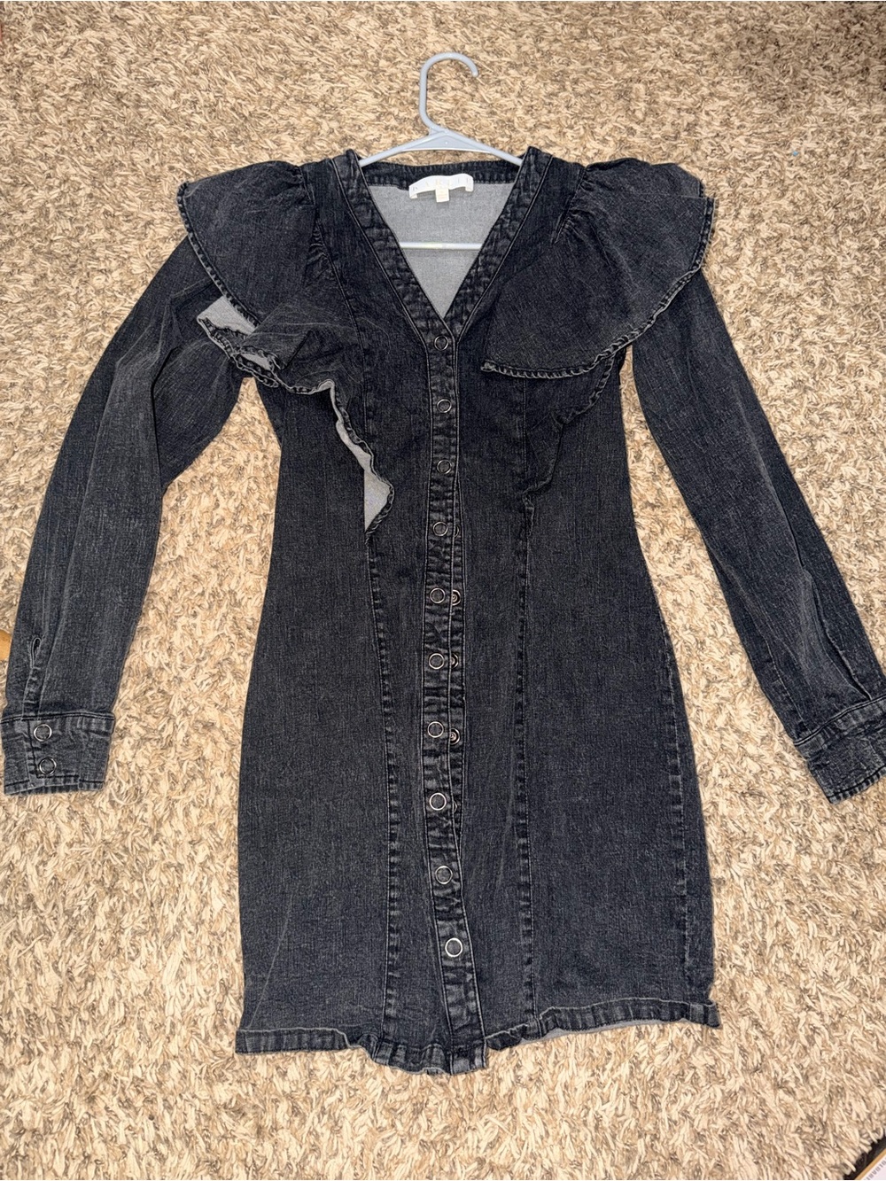 Karlie Black Long-Sleeve Denim Ruffle-Trim Button Dress